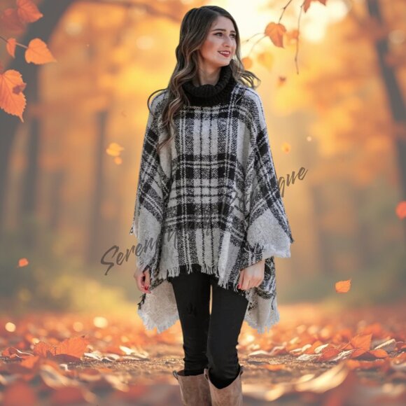 Cozy Soft Light Weight Plaid Gingham Chunky Cowl Turtleneck Poncho Sweater - Picture 1 of 6